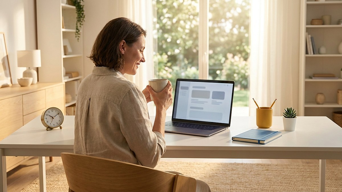 A small business owner reading a morning briefing at a bright desk