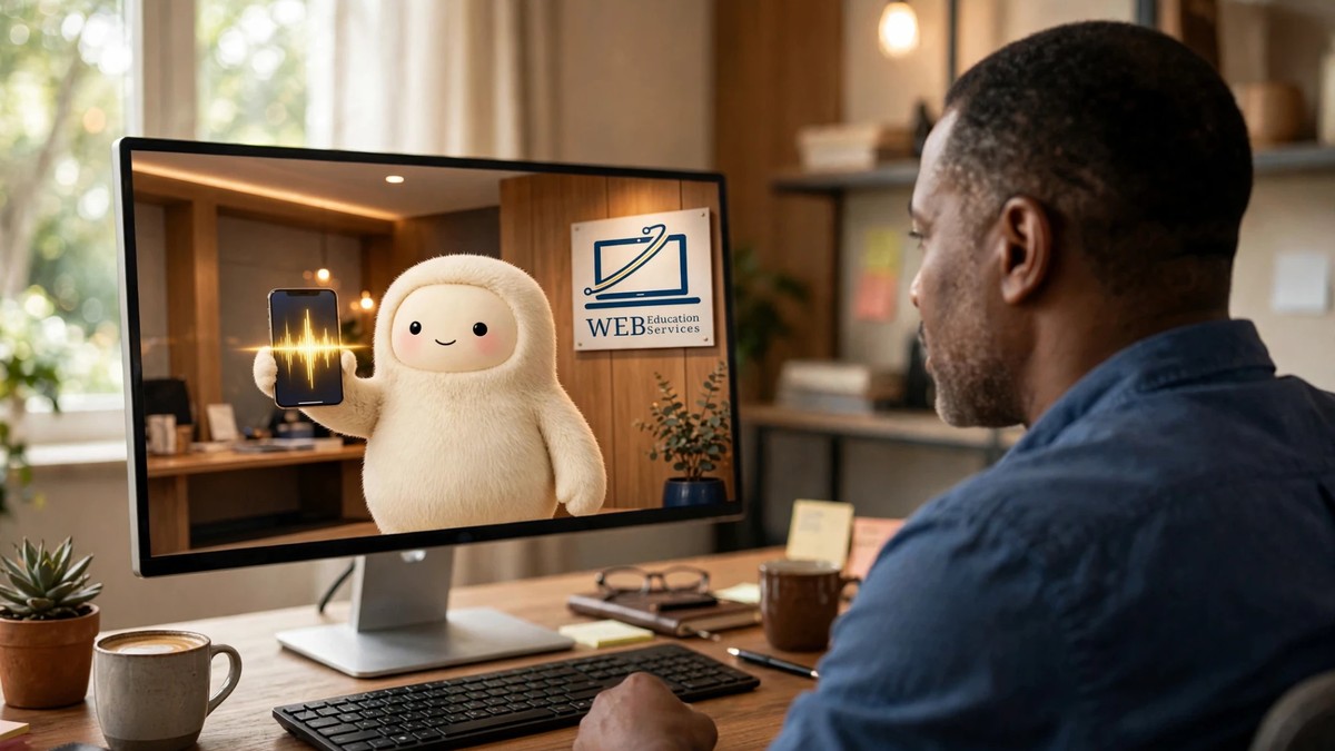 A small business owner watching the Jolly mascot hold up a phone showing an audio waveform, in front of a Web Education Services sign