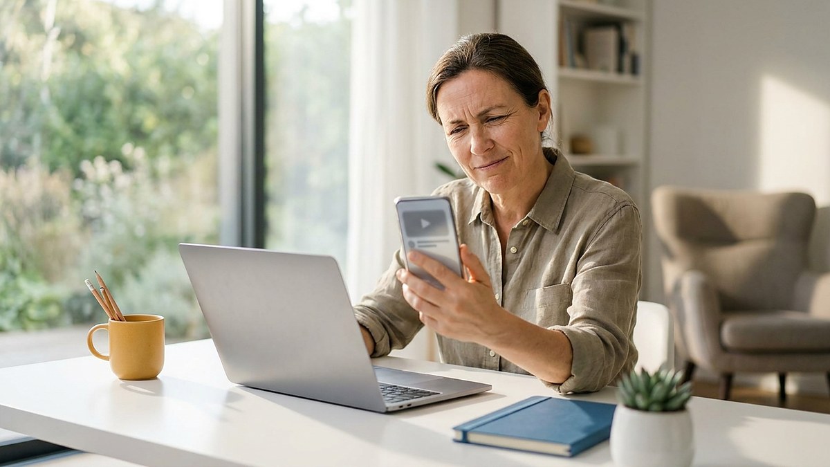 A small business owner looking skeptically at a video on her phone