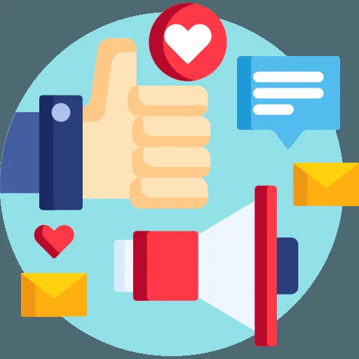 A cartoon illustration of a hand giving a thumbs up surrounded by social media icons.