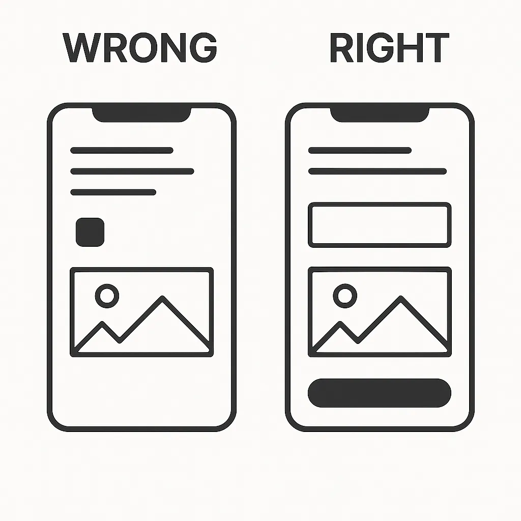 A wrong and right icon of a cell phone with a picture on it.