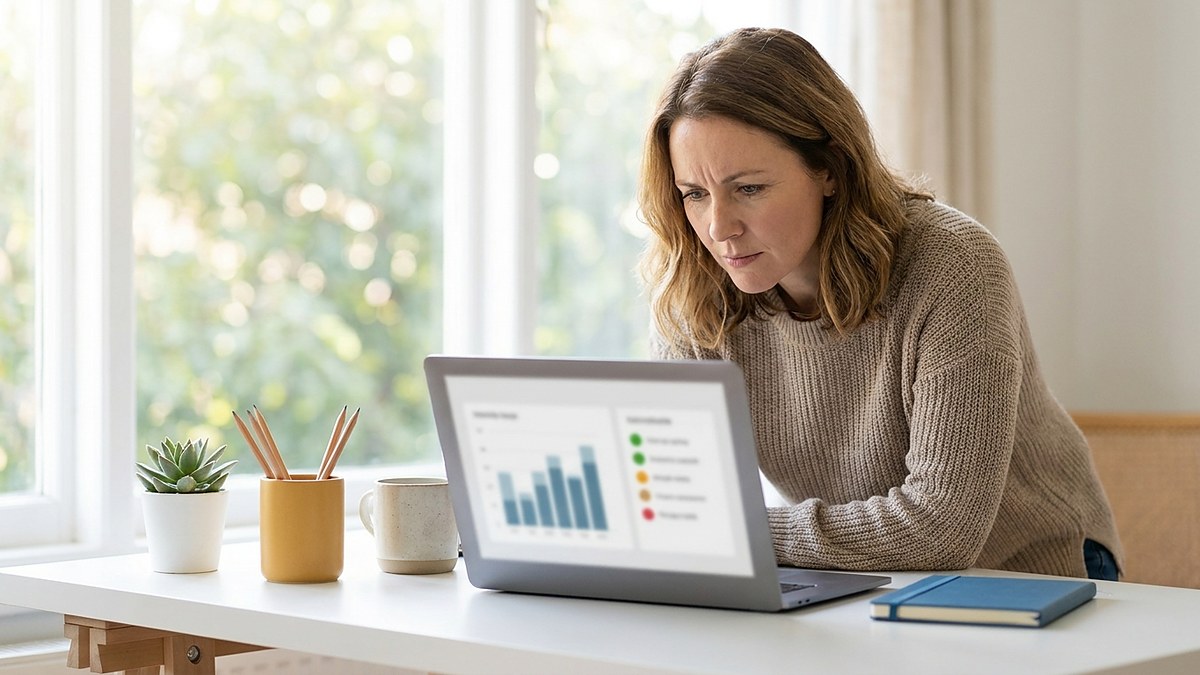 A small business owner reviewing an indexing report on a laptop