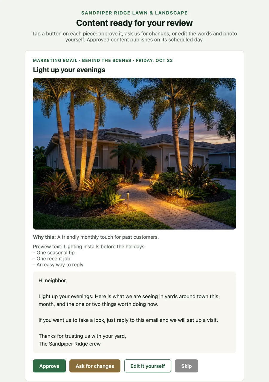 An approval email listing a marketing email and a social post, each with its photo, the full text, and Approve, Ask for changes, Edit it yourself and Skip buttons