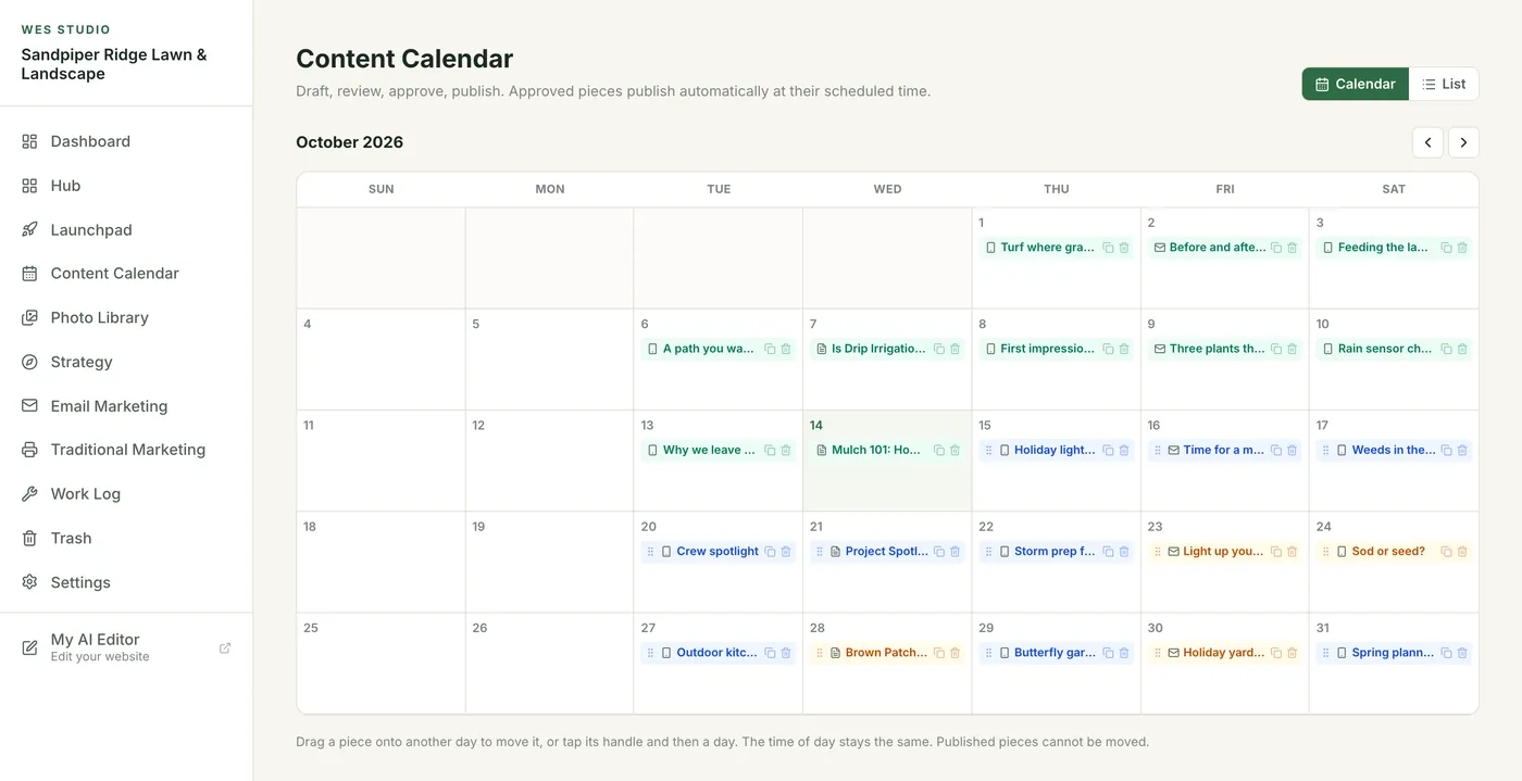A month on the Content Studio calendar, with blog posts, social posts and emails on most days