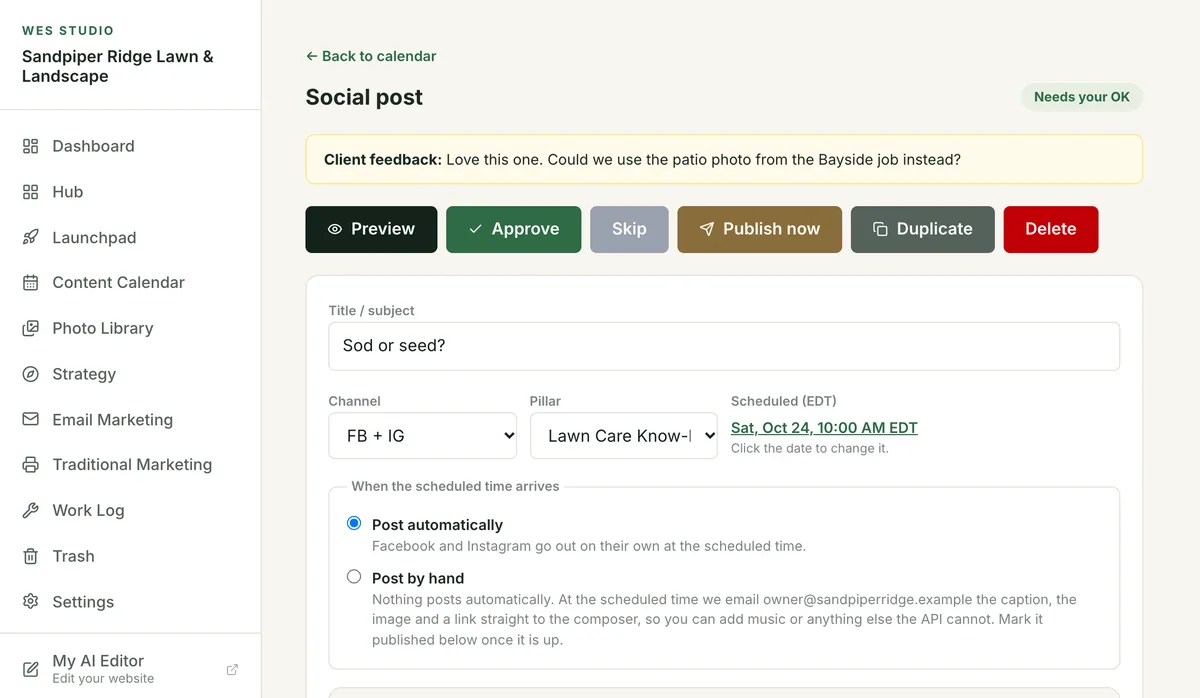 A social post in the Content Studio with the client's feedback shown at the top: could we use the patio photo instead