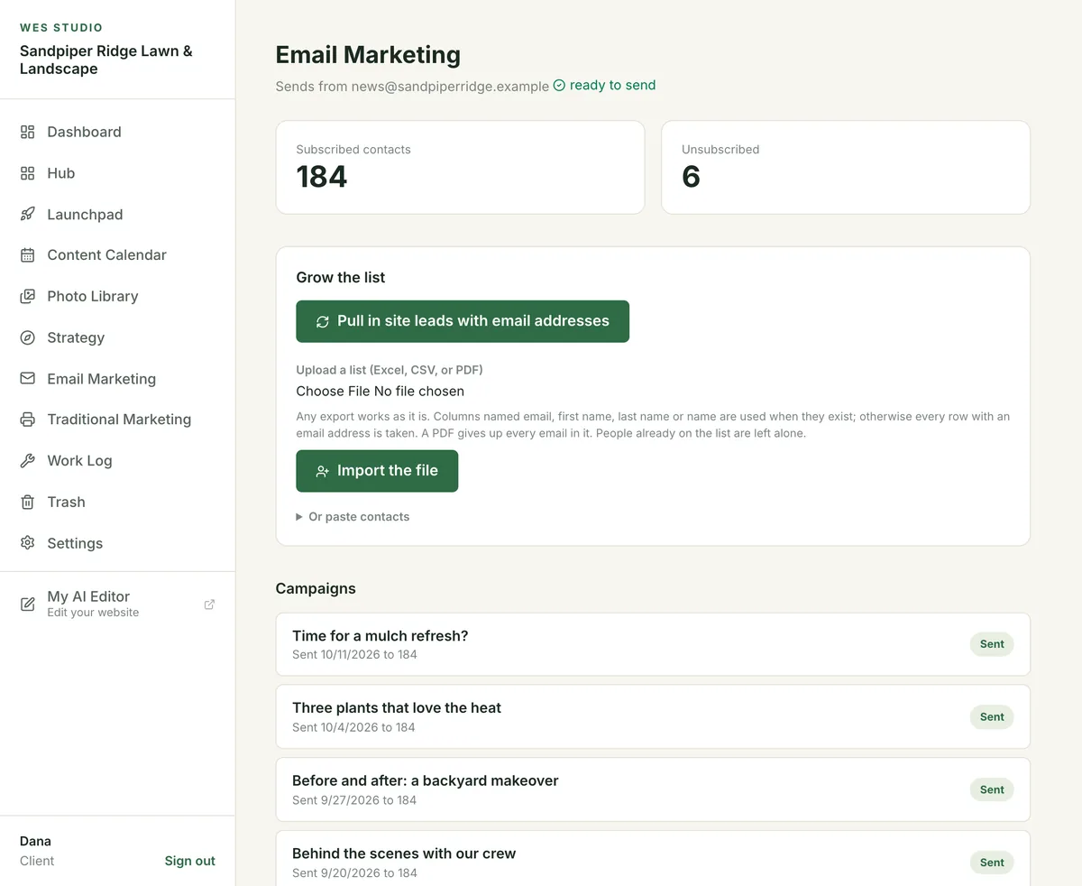 The email marketing screen showing subscribed contacts, ways to grow the list, and campaigns already sent