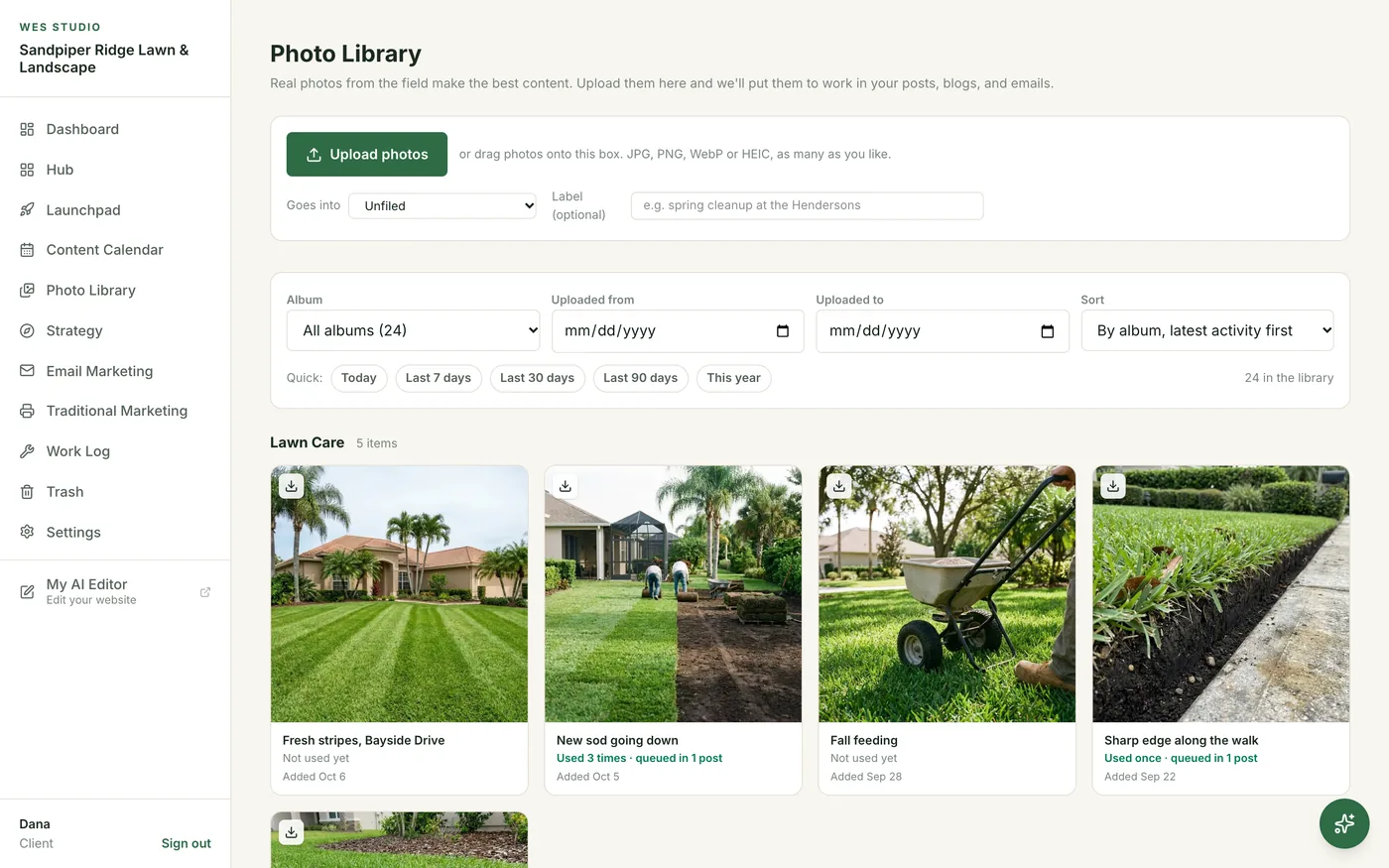 The Content Studio photo library with albums of lawn, patio and planting photos, each marked with how often it has been used