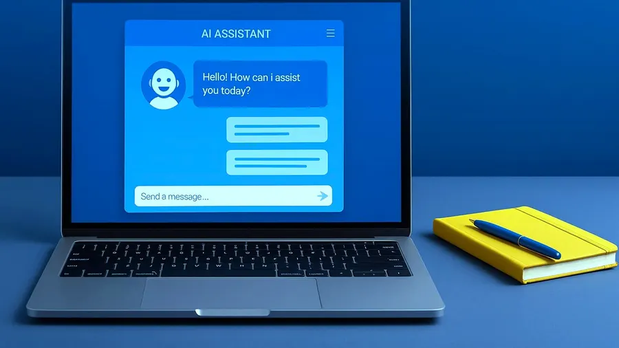 Laptop showing an AI assistant beside a yellow notebook, the WES consulting workspace
