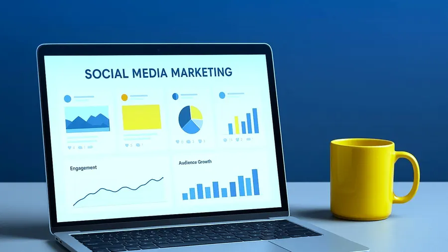 Laptop showing a social media marketing dashboard beside a yellow WES mug