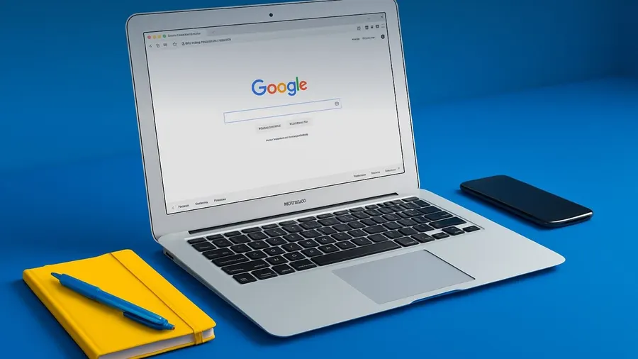 Laptop on a bright desk showing Google marketing tools, the Marketing Launchpad workspace