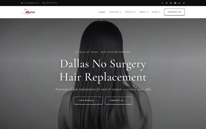 Nu Hair of Texas homepage after its move off WordPress
