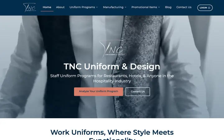 TNC Uniform & Design homepage after its move off Duda
