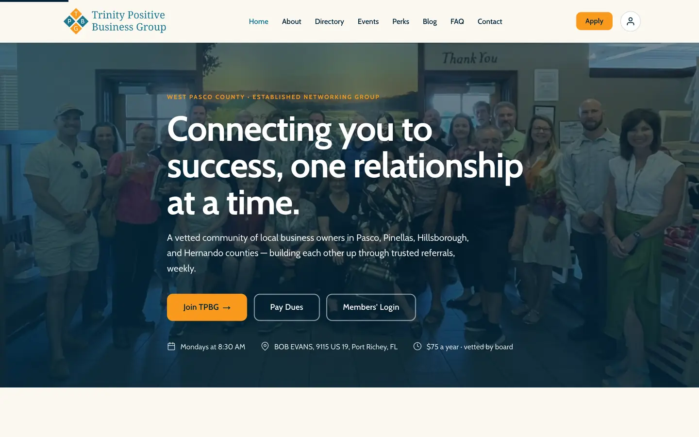 The TPBG site on a desktop screen