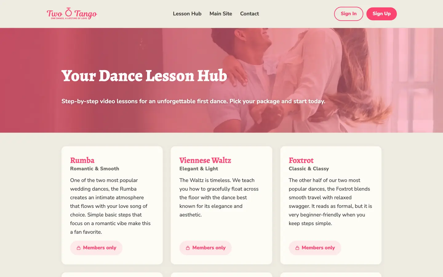 The Two To Tango site on a desktop screen