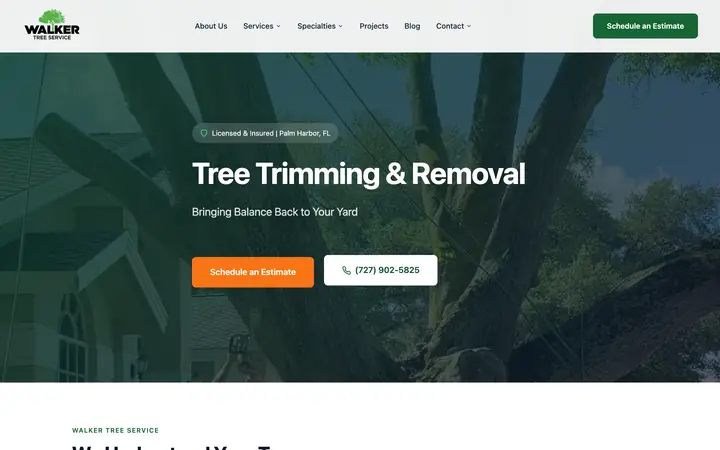Walker Tree Service homepage after its move off Duda