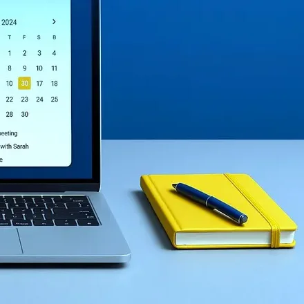 A yellow notebook and pen beside an open laptop