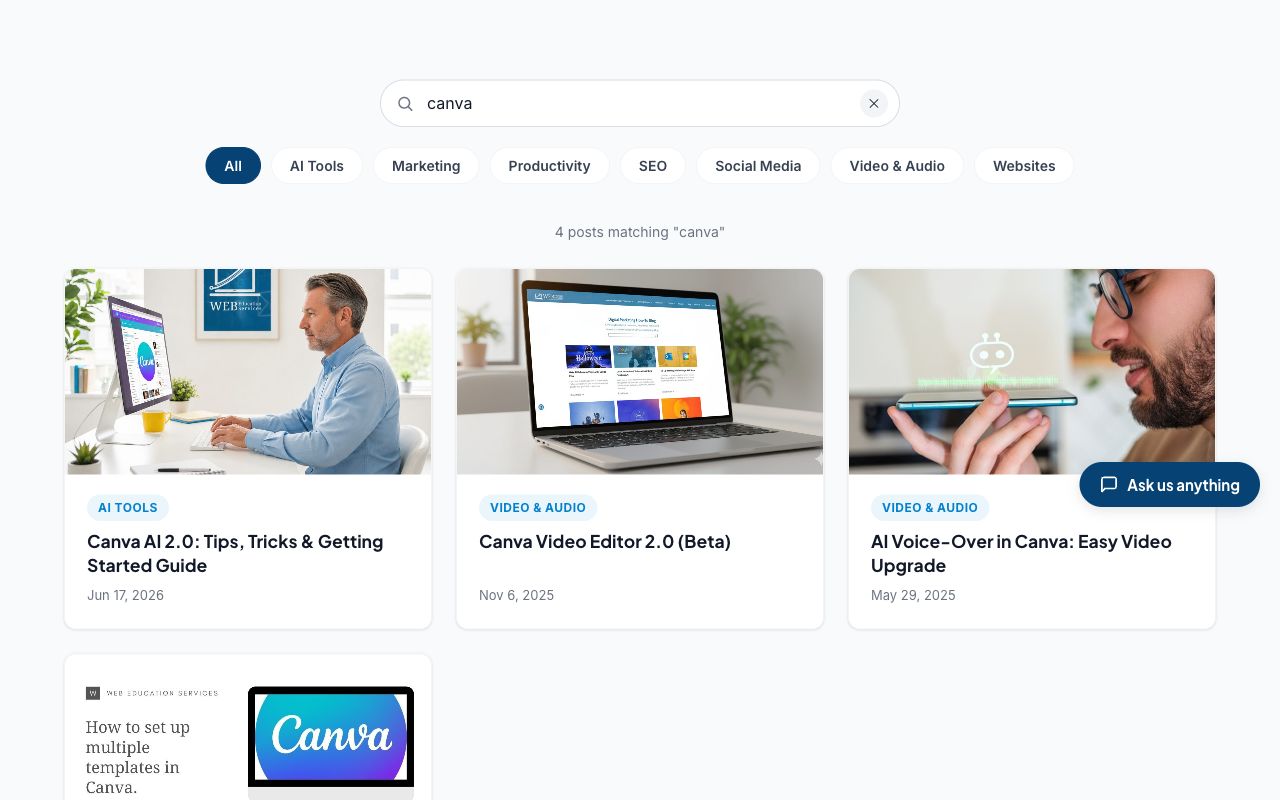 The blog with a search box, filtered to posts matching the word canva.