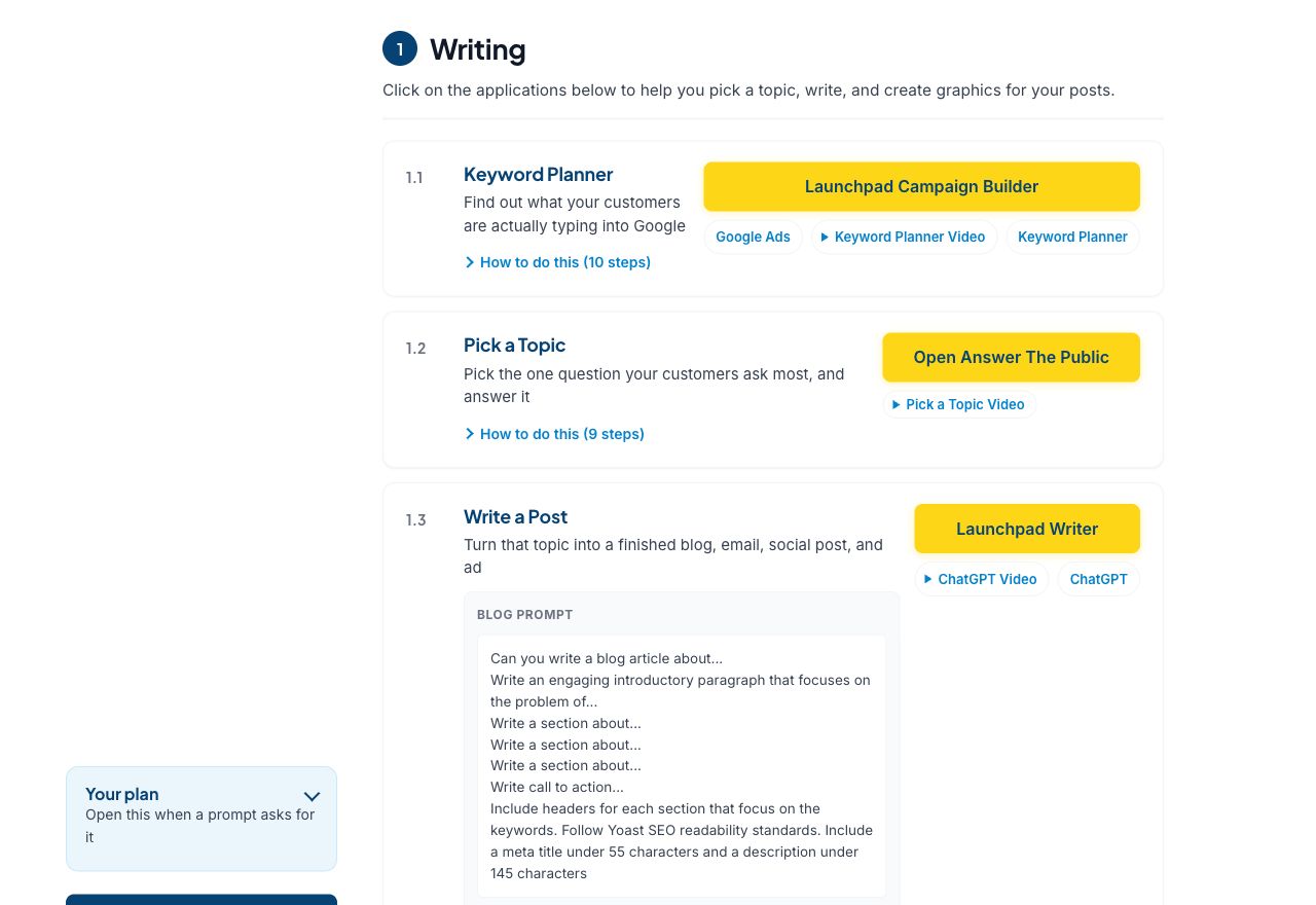 The new Launchpad: numbered tasks stacked one per row, each with a plain-English line explaining its purpose and one button.