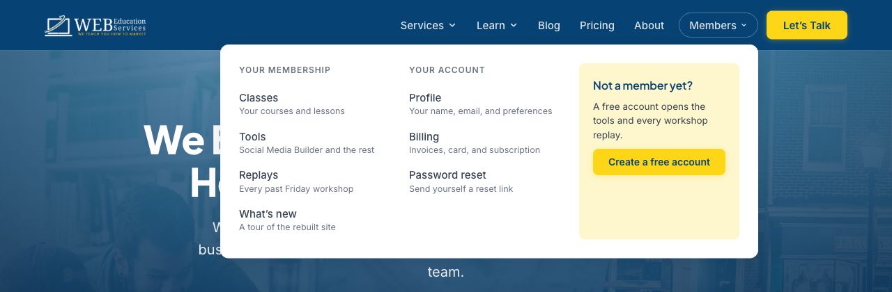 The Members menu open, showing Classes, Tools, Replays and What's new under Your Membership, and Profile, Billing and Password reset under Your Account.