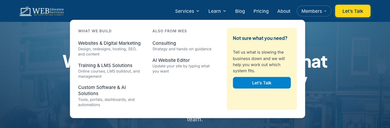 The Services menu open, showing Websites and Digital Marketing, Training and LMS Solutions, and Custom Software and AI Solutions.