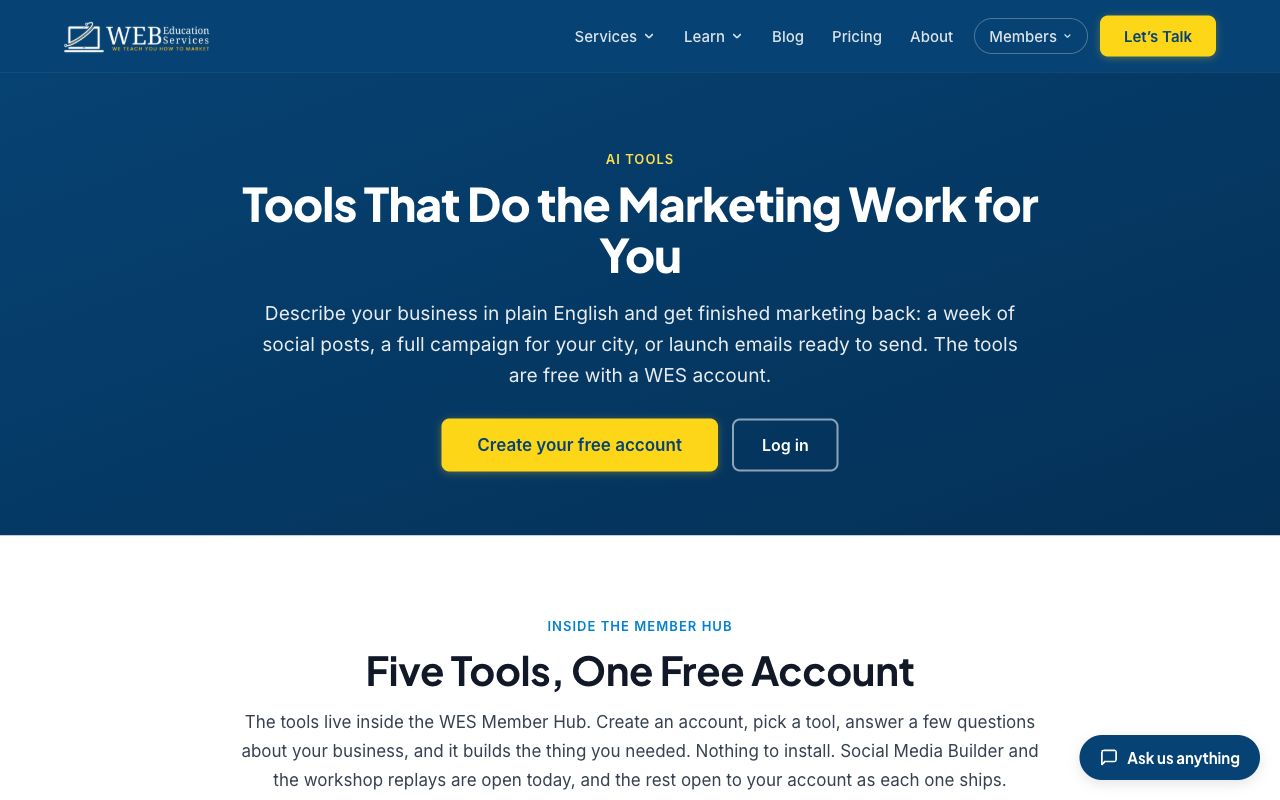 The AI Tools page listing the member tools and what each one produces.